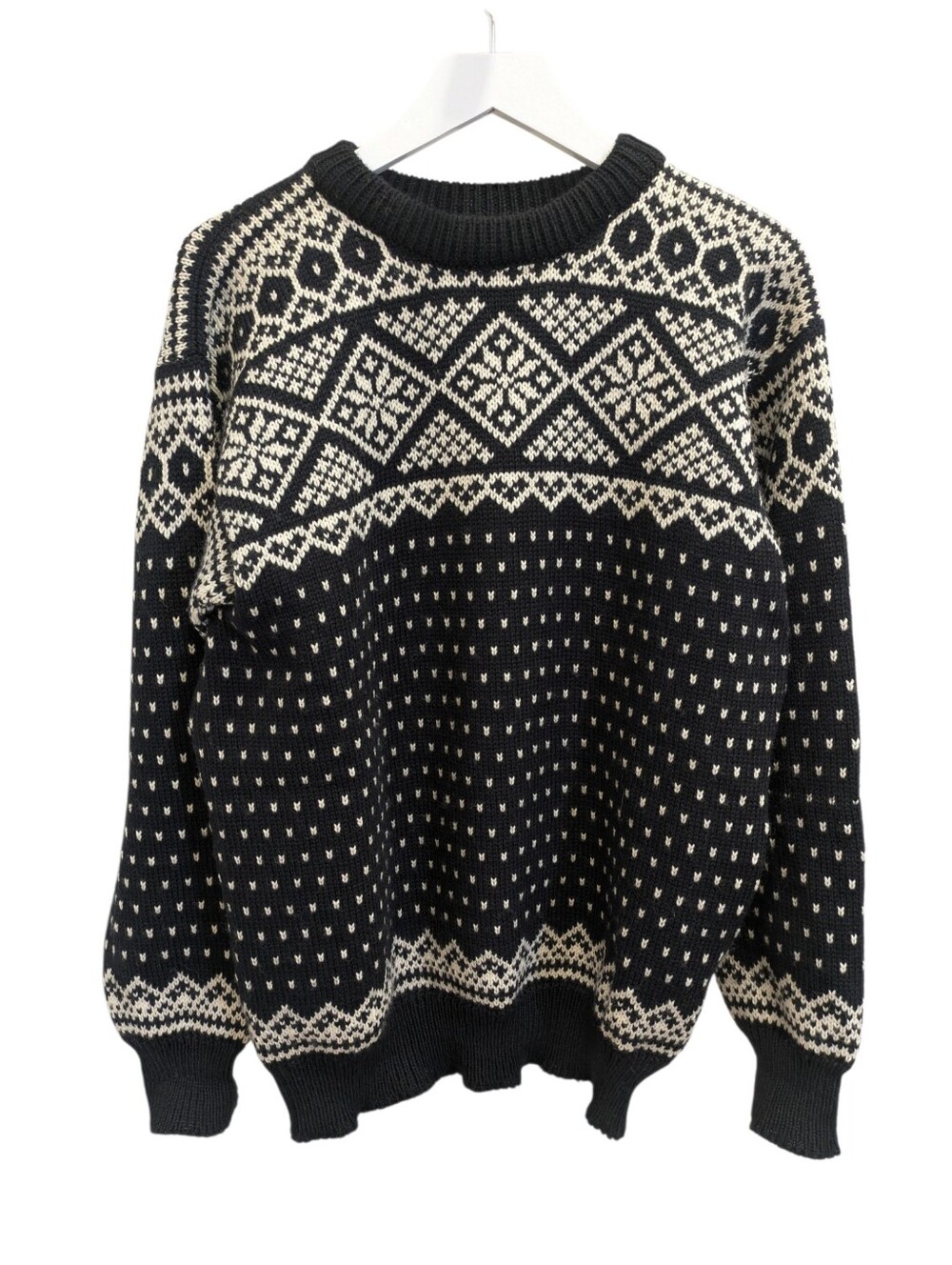 Dale of Norway Sweater XL 54 Black White Wool Fair Isle Snowflake Norwegian Ski
